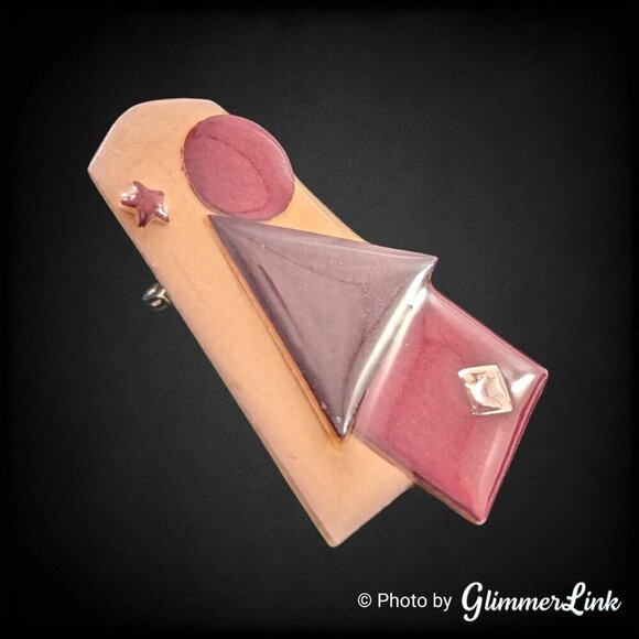 VTG Lucinda Red Brown House Square Rhinestone Moon Star Mixed Media Brooch Pin - Picture 2 of 7